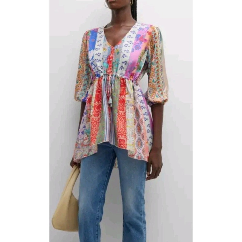 Johnny Was Anora Silk tunic top Colorful Drawstring Adjustable Sz S* Oversize